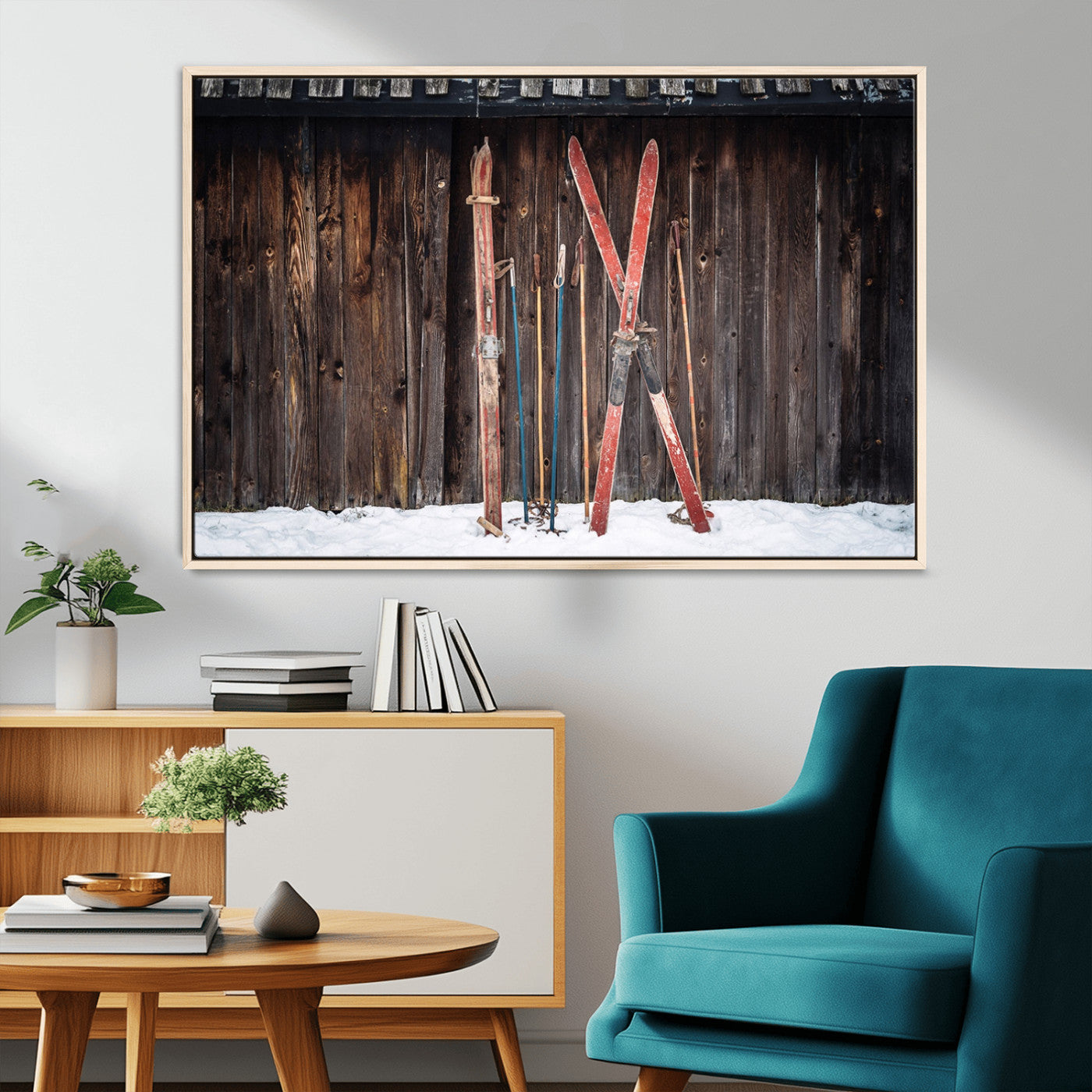 78590-MGV-CV-36X24-Vintage Ski Gear Canvas Print, Vintage Ski Gear Against Wooden Cabin Wall, Rustic Winter Sports