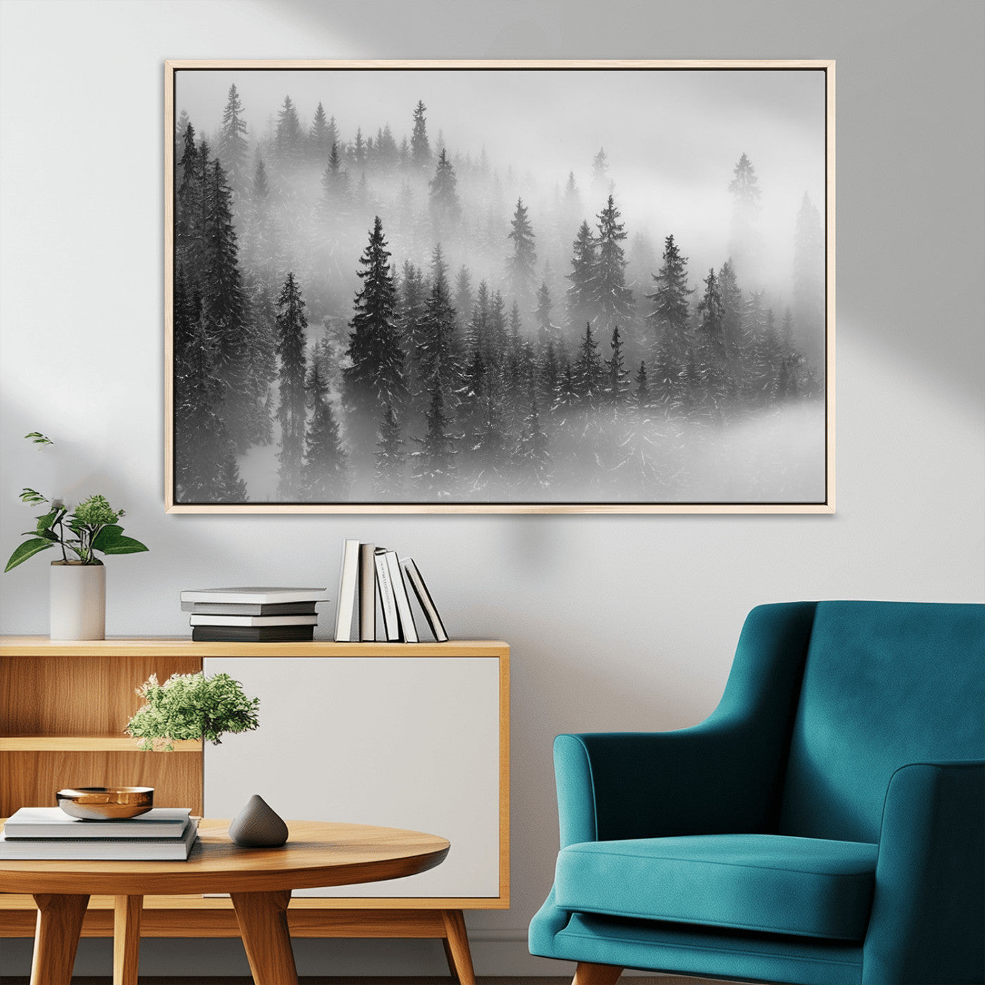 57235-MGV-CV-36X24-Foggy Misty Forest Canvas Wall Art – Black and White Landscape – Framed and Ready to Hang Modern