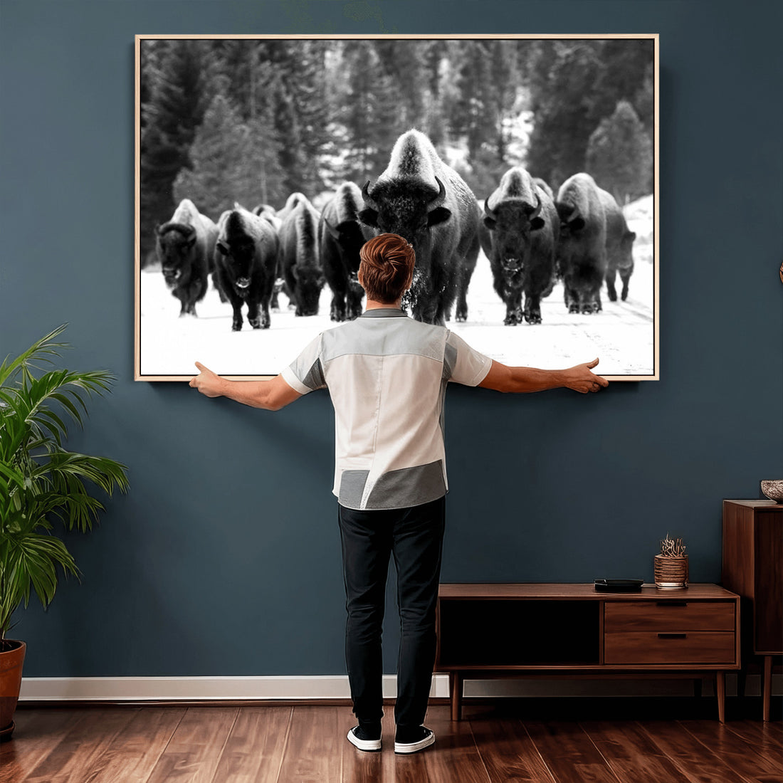 Bison Herd in Snow Wall Art Canvas Print | Rustic Western Bison Wall Art for Living Room