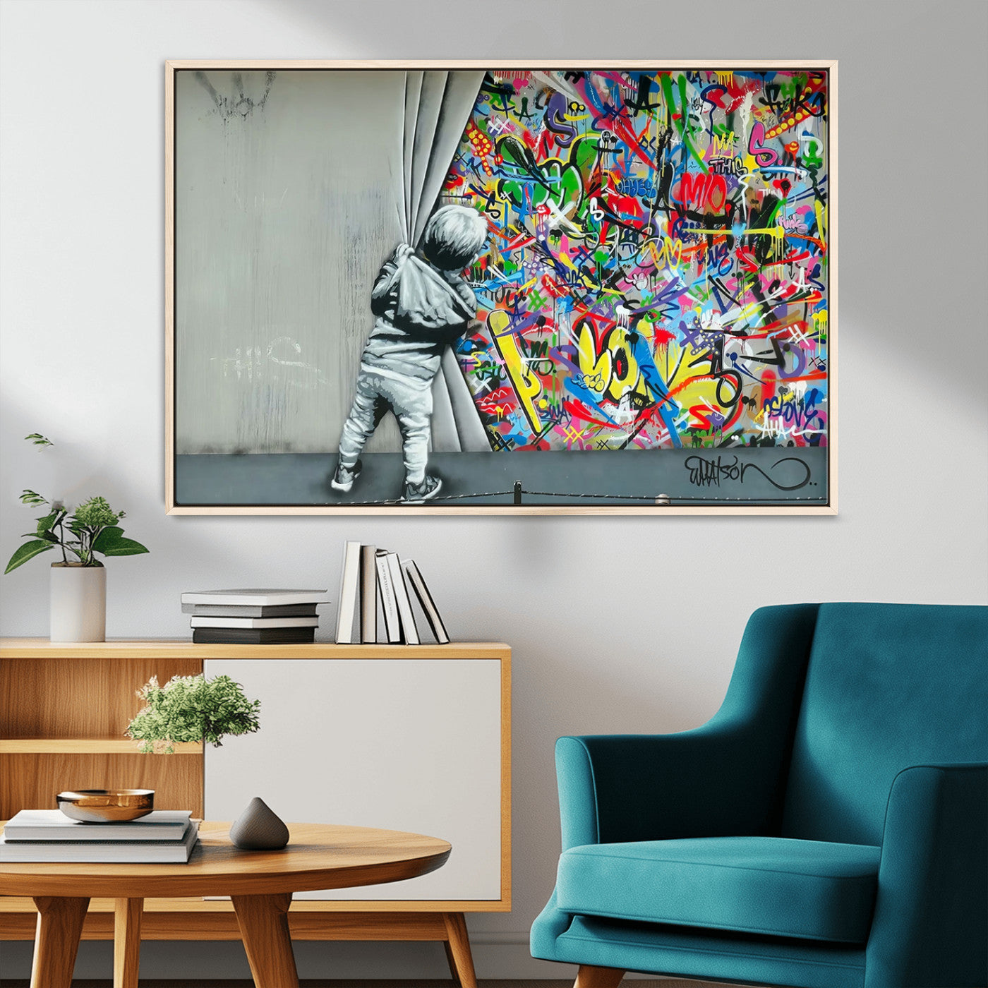 51713-MGV-CV-36X24-Banksy Colorful Street Graffiti Canvas Wall Art Print, Modern Art Triptych, Child and Graffiti Wall,