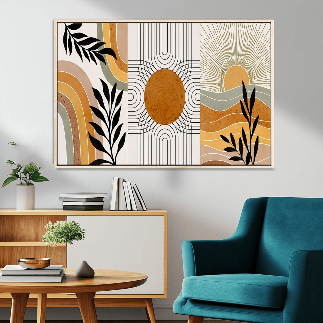 Modern Boho Sun and Leaf Abstract Art | 3 Panel Giclee Canvas for Mid Century Modern or Bohemian Decor