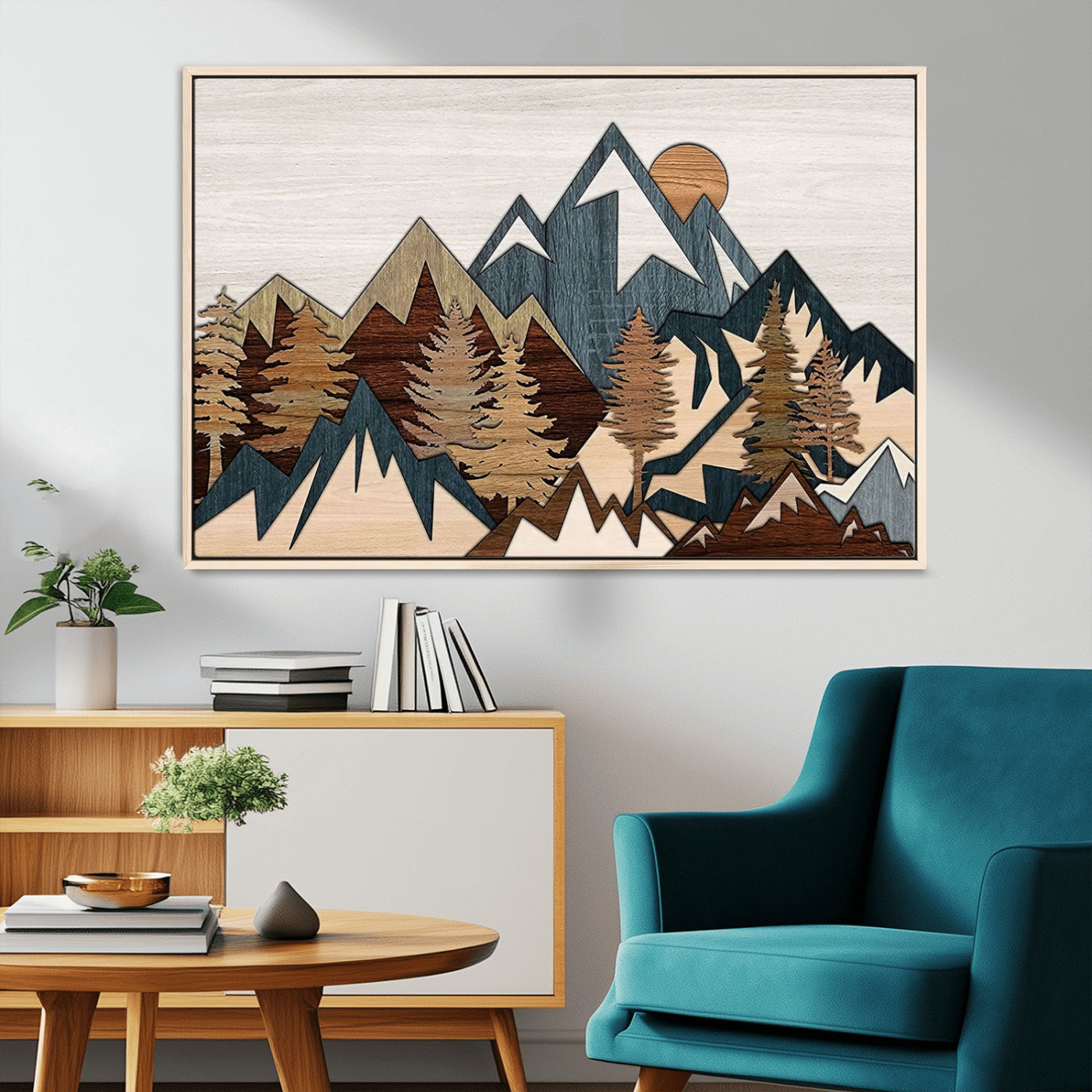 67950-MGV-CV-36X24-Rustic Abstract Wood Panel Effect Canvas Mountain Range Top Wood Wall Art Canvas Print