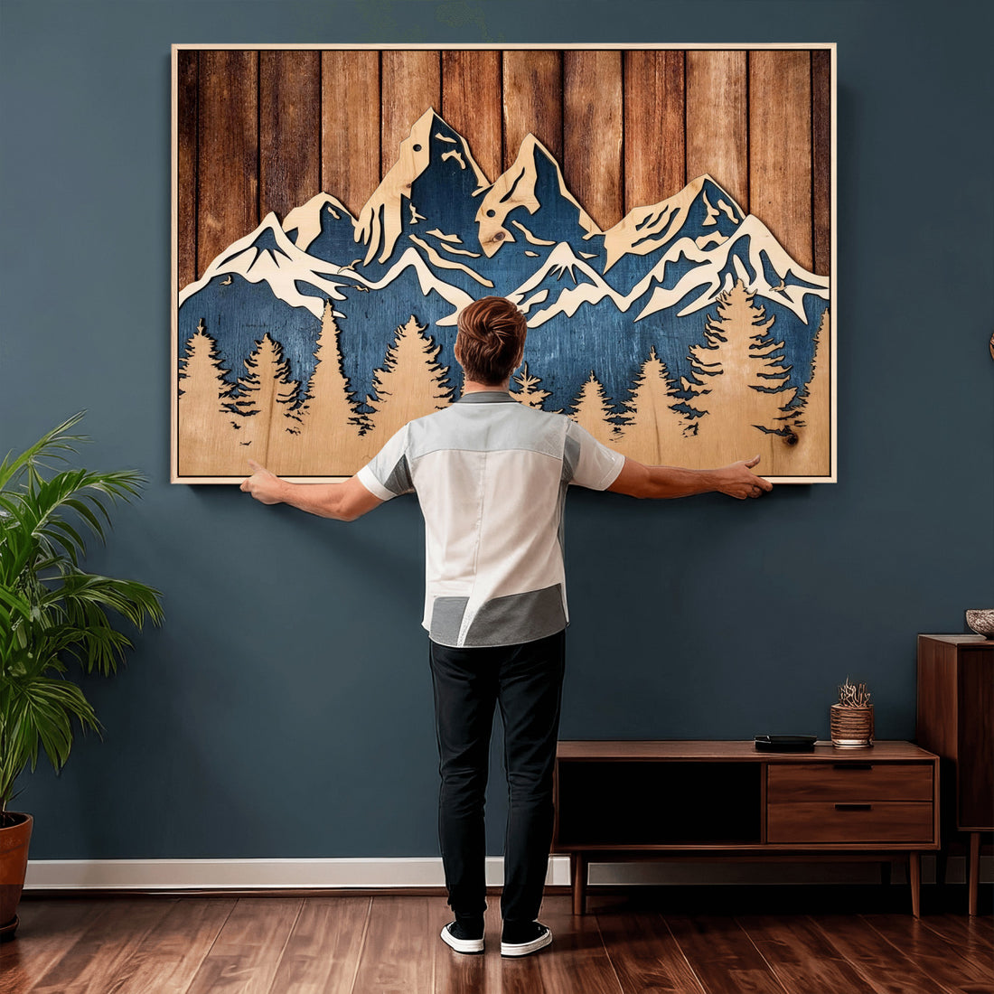 Rustic Wood Style Mountain Wall Art, Nature Forest Canvas Print