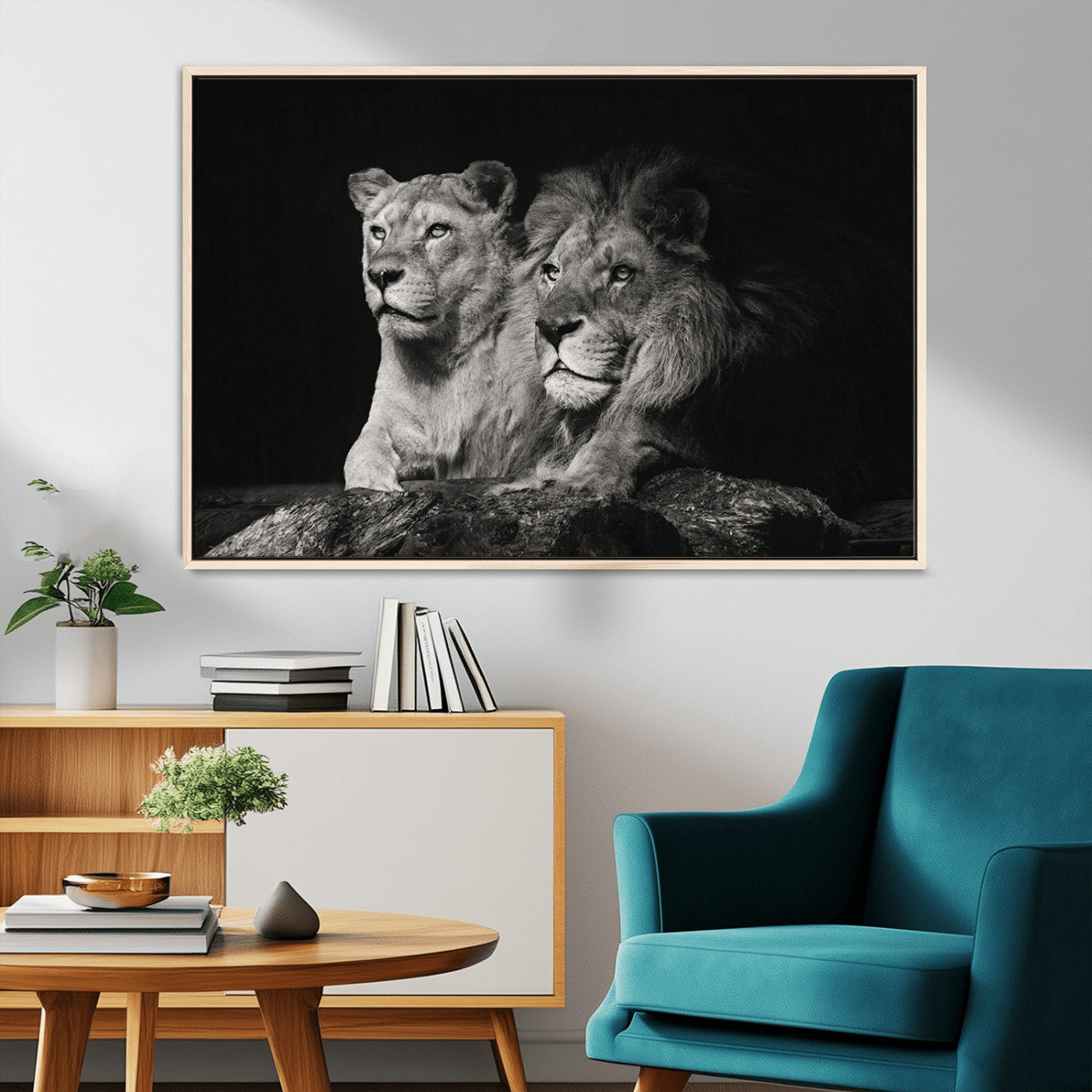 -Lion Couple Wall Art Canvas Print – Elegant Black and White Wildlife Portrait Lion Family Artwork for Home, Office