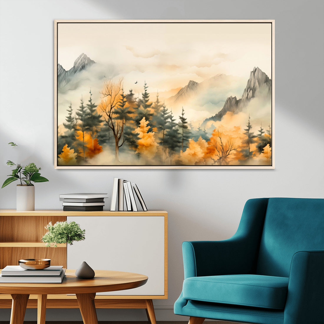 Abstract Watercolor Mountains and Trees Autumn Art, Watercolor Mountains and Trees Canvas Print