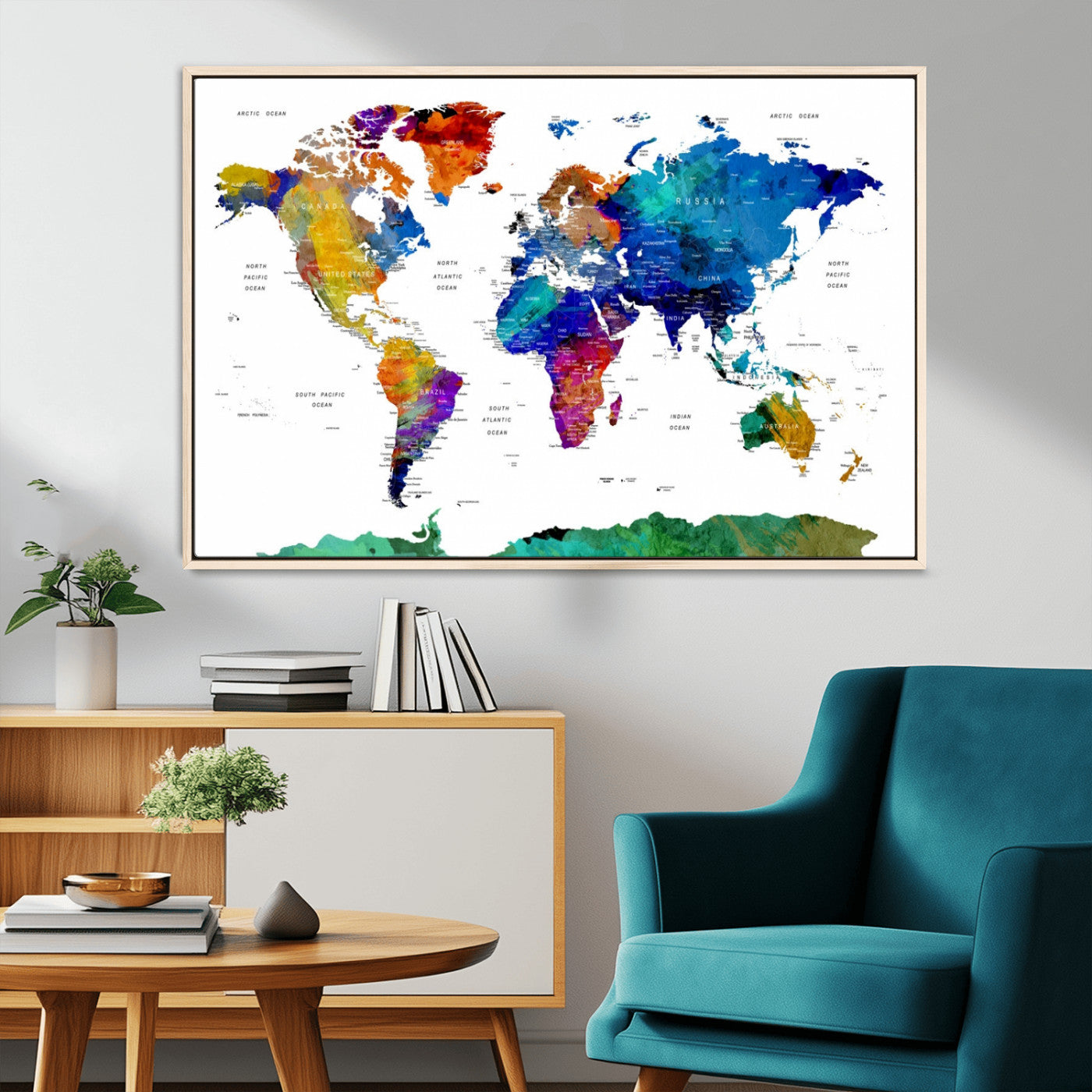 48979-MGV-CV-36X24-Colorful Watercolor World Map Canvas Print – Vibrant Framed Travel Map Wall Art, Modern Decor for Living Room or Office