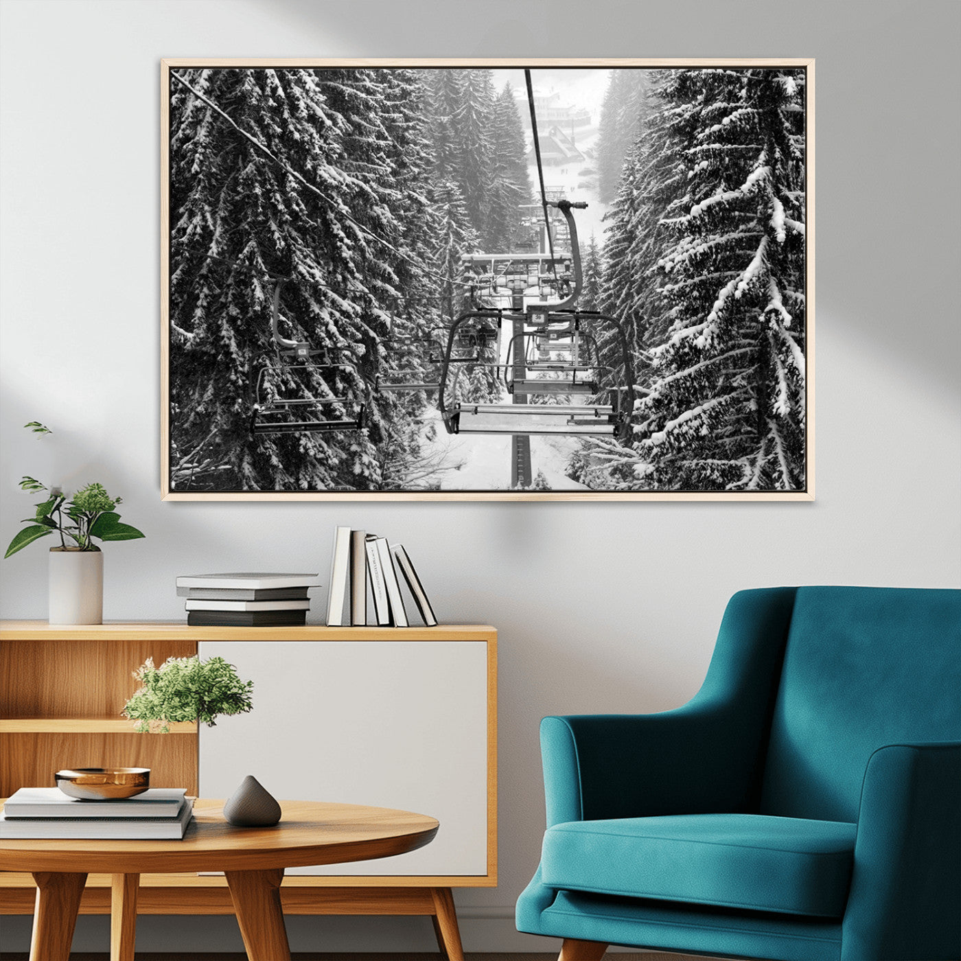 19240-MGV-CV-36X24-Winter Ski Lift Black and White Canvas Wall Art – Alpine Escape in Minimalist Style – Winter Ski
