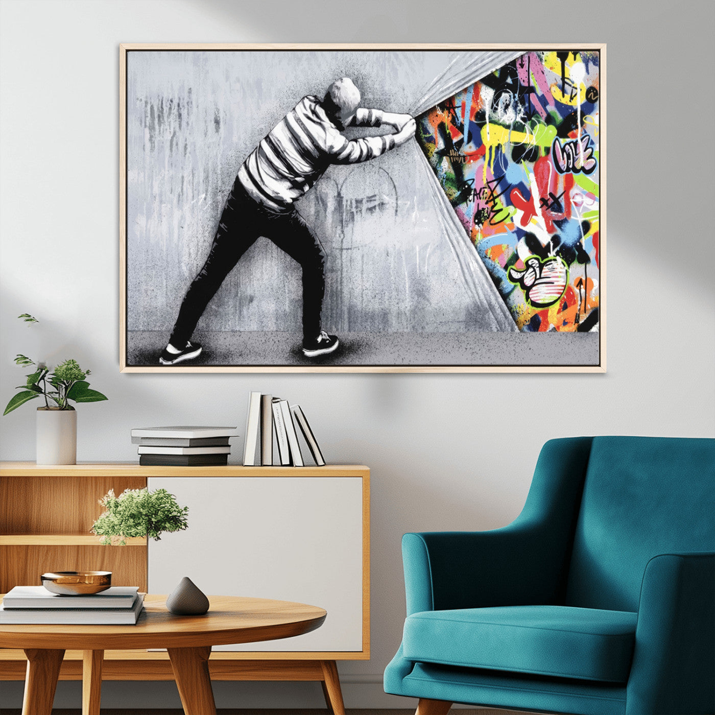 52252-MGV-CV-36X24-Banksy Art Behind the Curtain Street Wall Art Canvas Print | 3-Panel Urban Graffiti-Inspired Wall