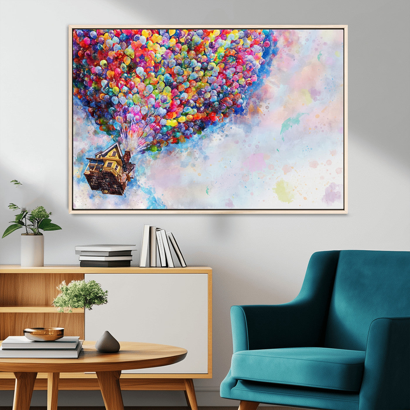 29167-MGV-CV-36X24-Don't Look Up Movie Canvas Wall Art - Vibrant Floating House and Balloons Scene, Tribute to Iconic