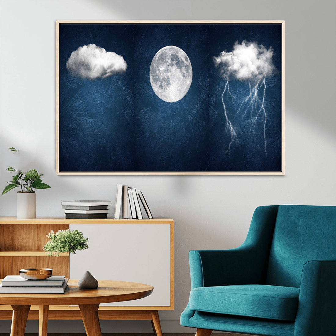 Dark Blue Cloud Art, 3 Piece Indigo Blue Wall Art, Aesthetic Surreal Thunderstorm Moon Cloud Art