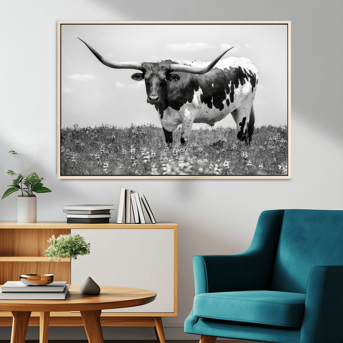 Texas Black White Highland Longhorn Cow Wall Art Canvas Print