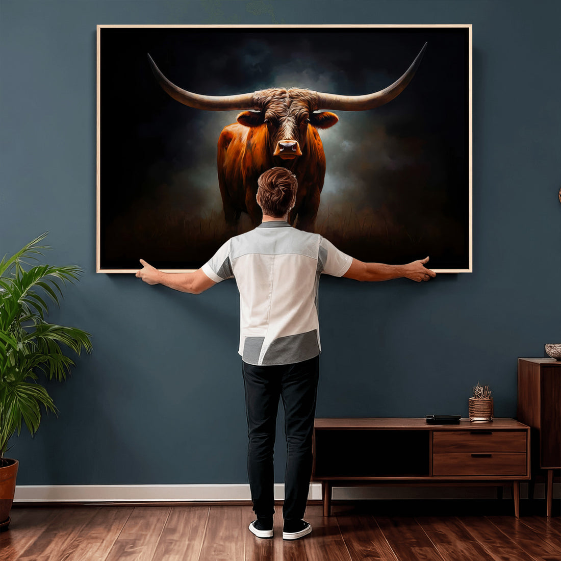 Abstract Texas Longhorn Wall Art Print | 3-Panel Large Texas Longhorn Canvas