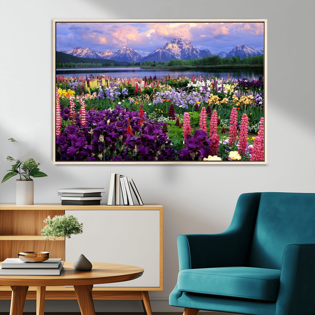 Wildflower Canvas Print, Blooming Floral Meadows with Majestic Mountain Backdrop