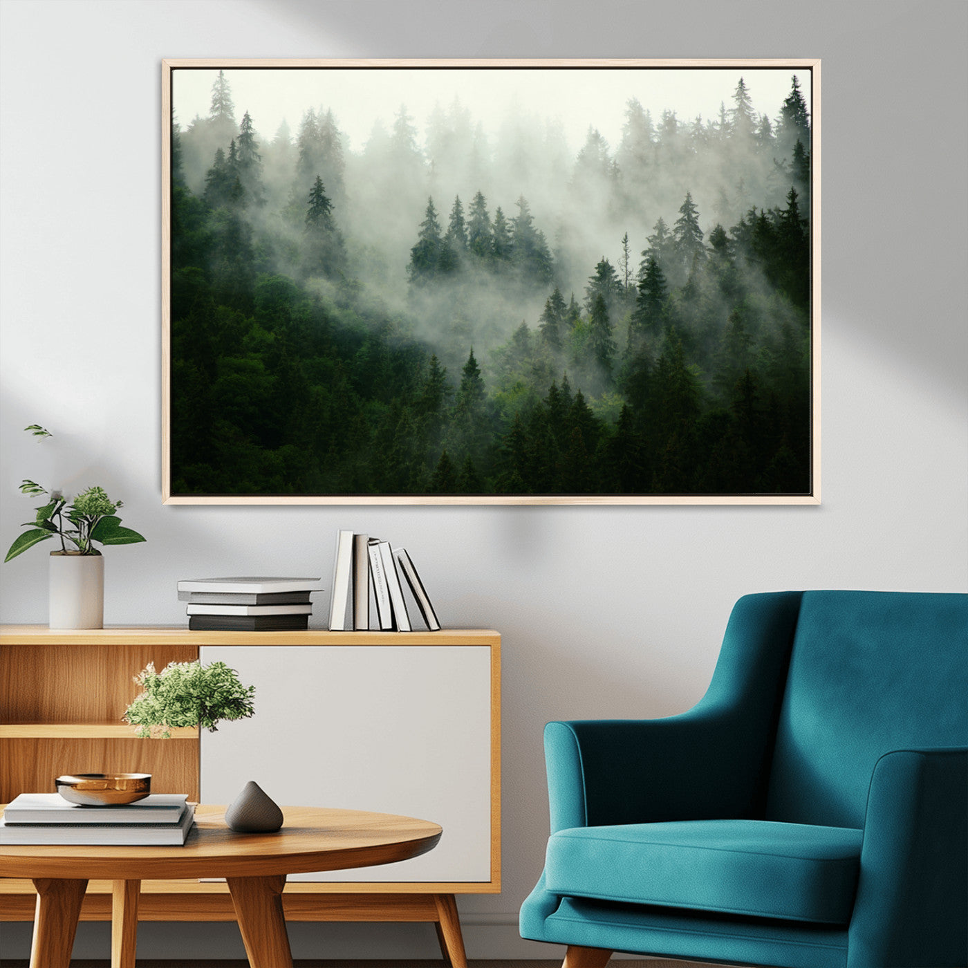 167720496-MGV-CV-36X24-Foggy Forest Wall Art – Tranquil Green Woodland Canvas Print, Serene Nature Landscape Decor for Home or Office