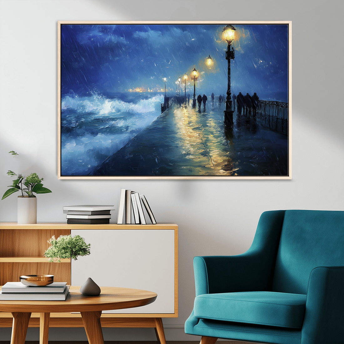 Storm Ocean Pier Canvas Wall Art Print, Large Moody Night Scene, Modern Seaside Wall Decor