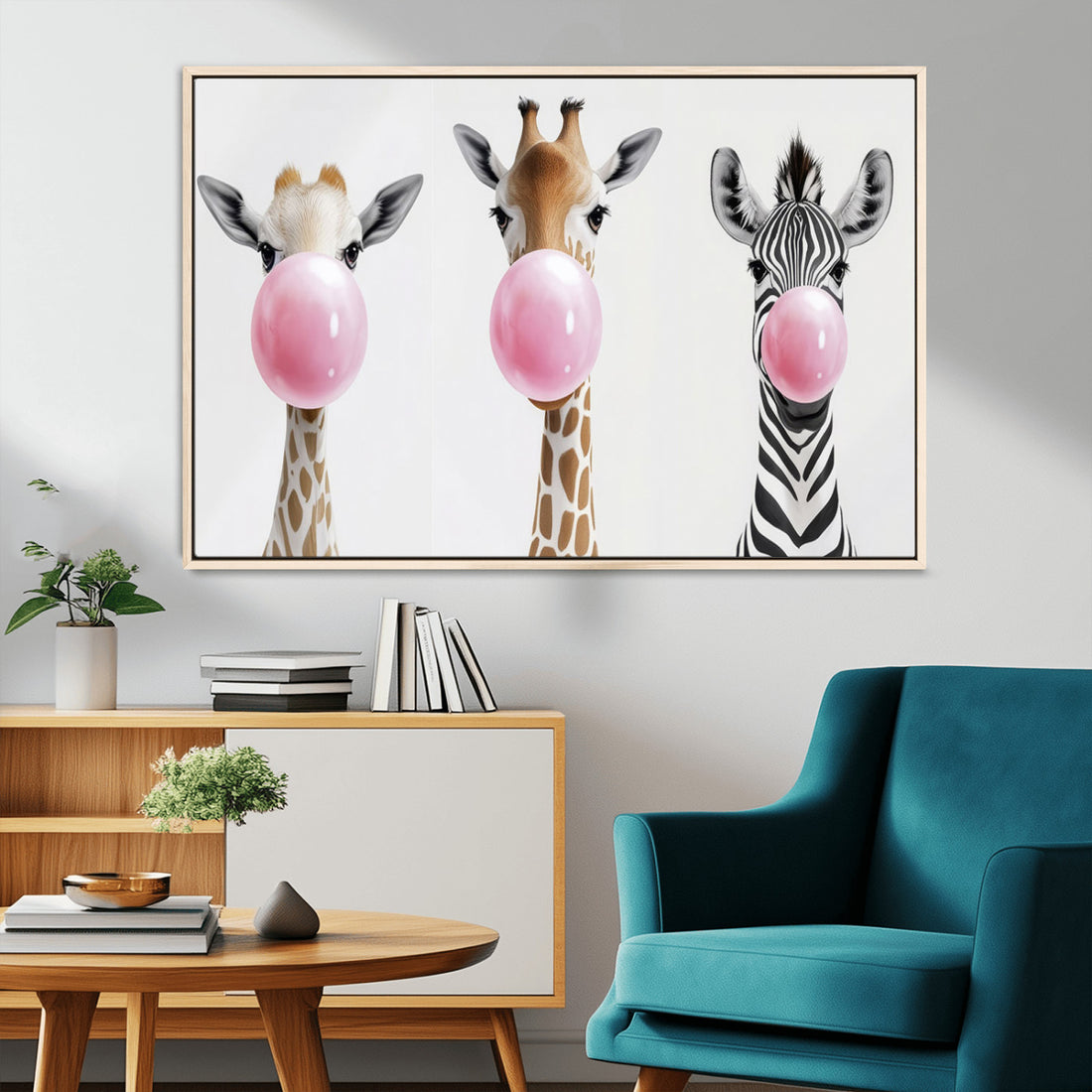 Bubblegum Animals Canvas Wall Art, Playful Giraffe and Zebra Trio, Whimsical Nursery and Kids Room Decor