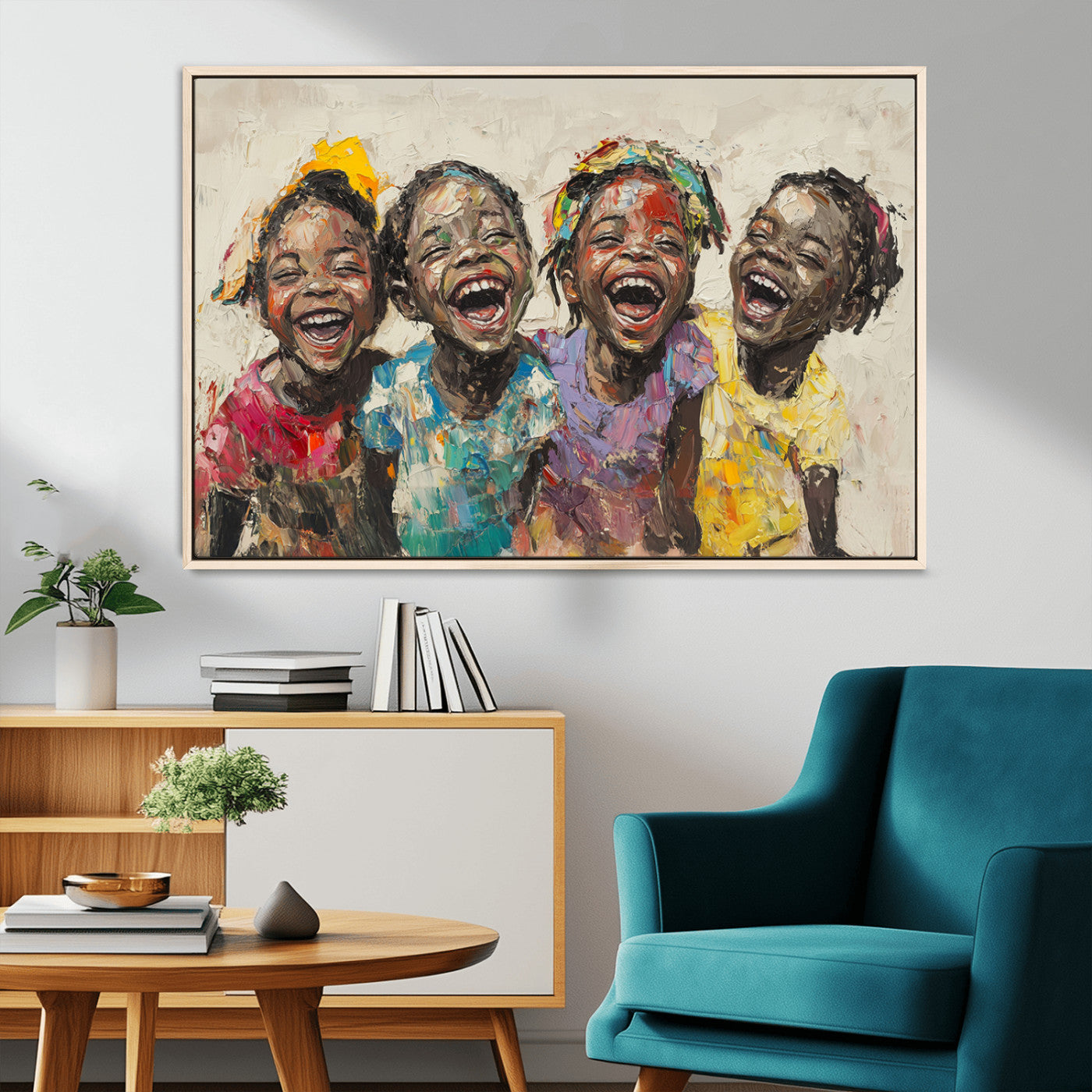 93034-MGV-CV-36X24-Shai Yossef style Joyful Childhood Canvas Wall Art - Expressive Impasto Painting of Black Children