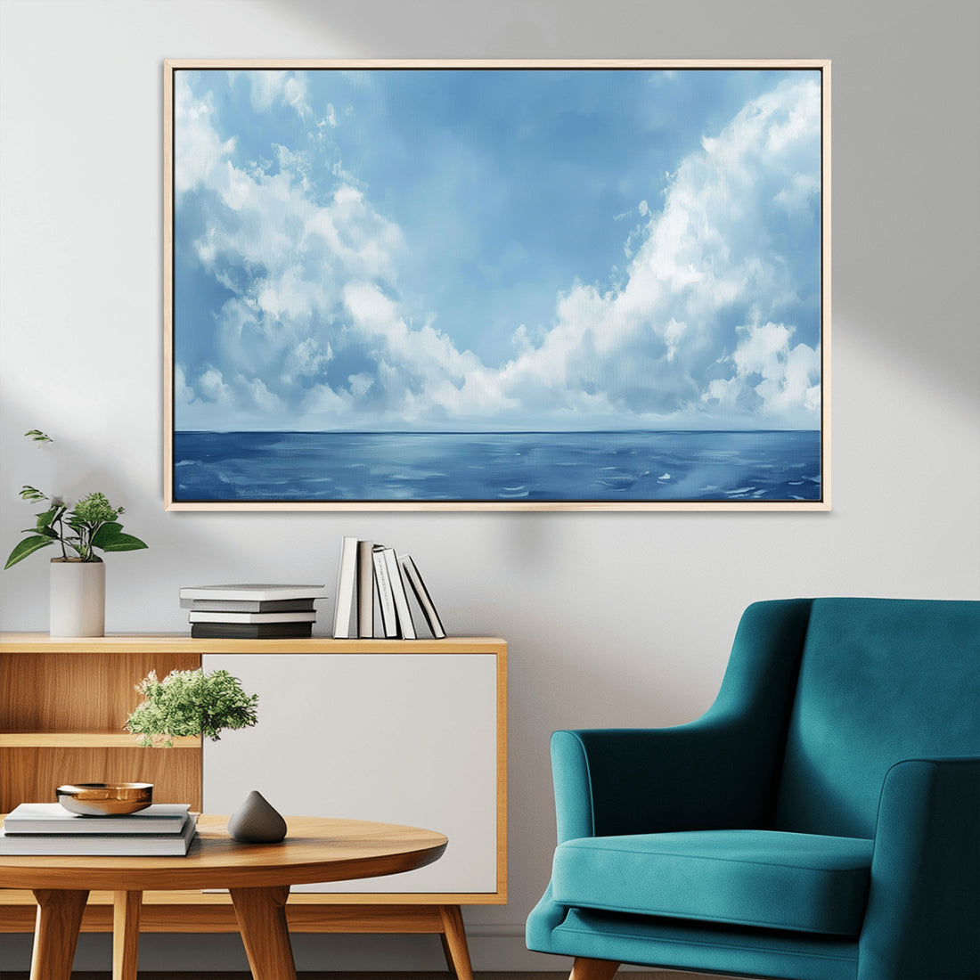 Abstract Ocean Print Artwork, Serene Blue Ocean and Sky Canvas Wall Art for Modern Coastal Decor