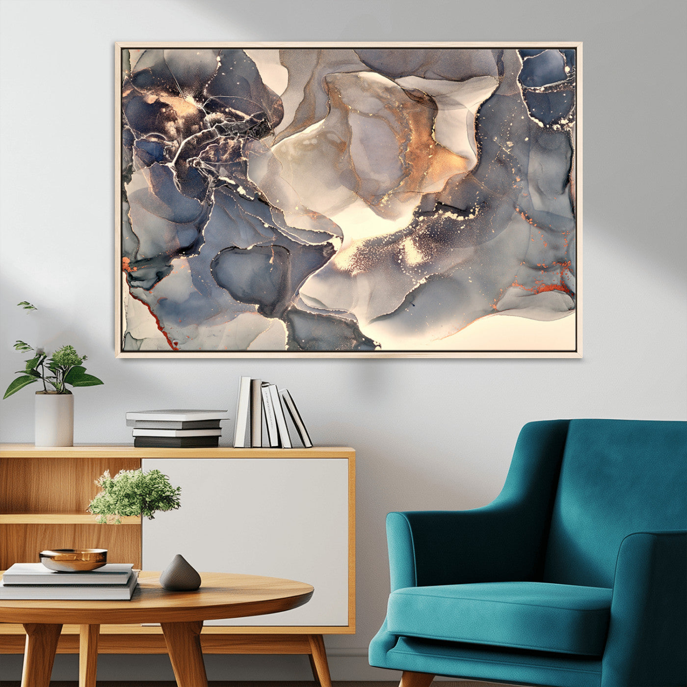 18202-MGV-CV-36X24-Abstract Blue and Gold Wall Art - Fluid Ink Artwork - Modern Luxury Wall Decor for Contemporary