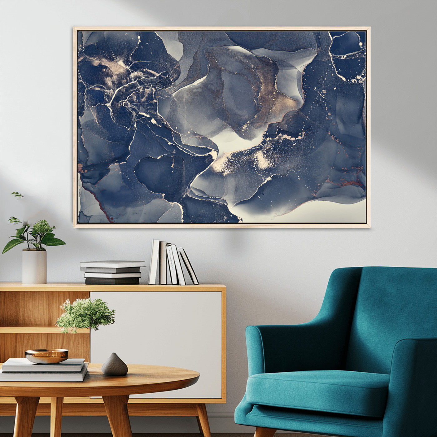 28282-MGV-CV-36X24-Large Abstract Blue and Gold Canvas Wall Art | Fluid Ink Artwork Print | Luxury Wall Decor for