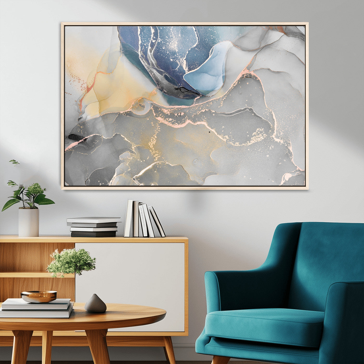 18176-MGV-CV-36X24-Large Abstract Blue and Gold Canvas Wall Art | Fluid Ink Artwork Print | Luxury Wall Decor for