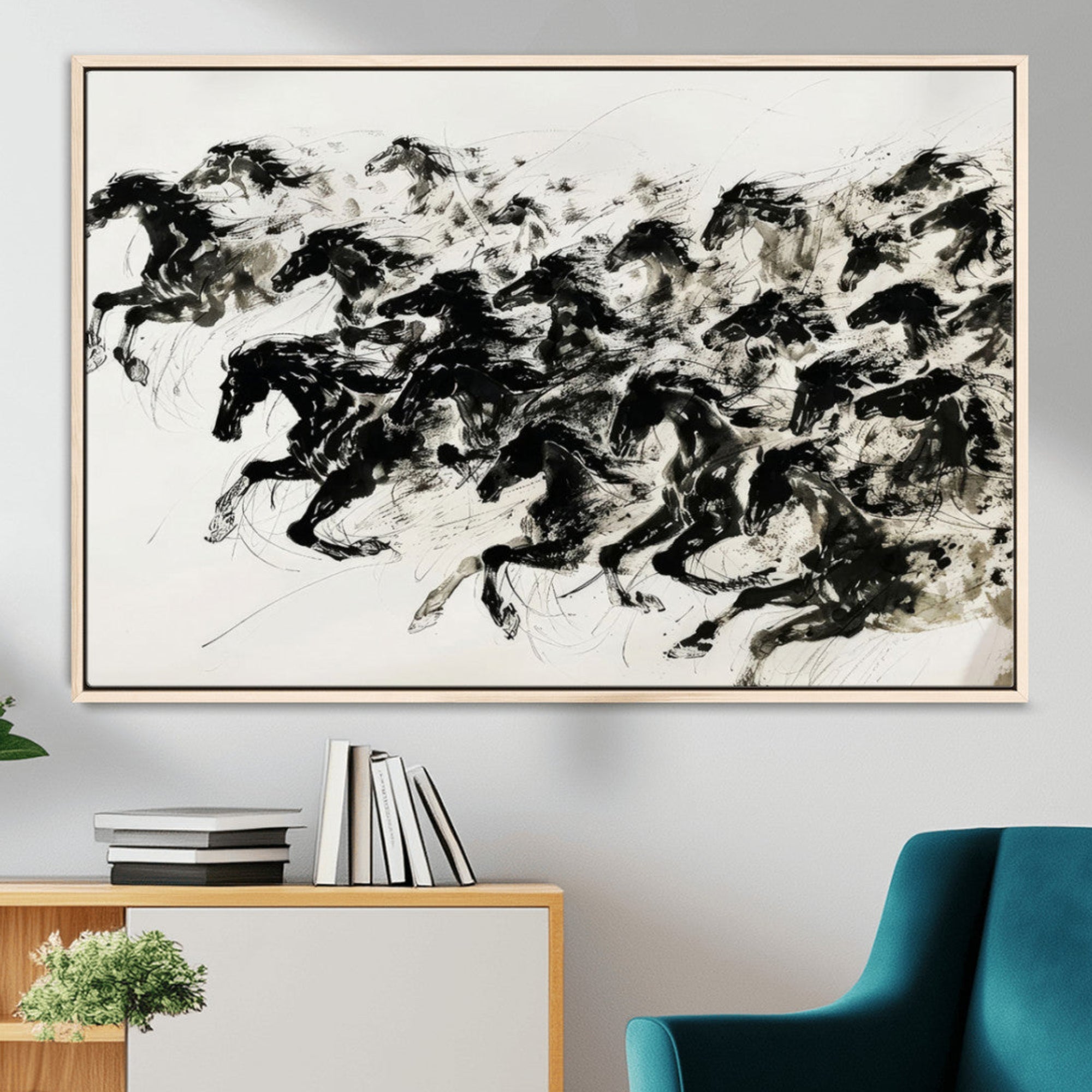23069-MGV-CV-36X24-Abstract Horse Wall Art Canvas Print - Dynamic Black Ink Horse Print - Modern Equine Wall Decor for