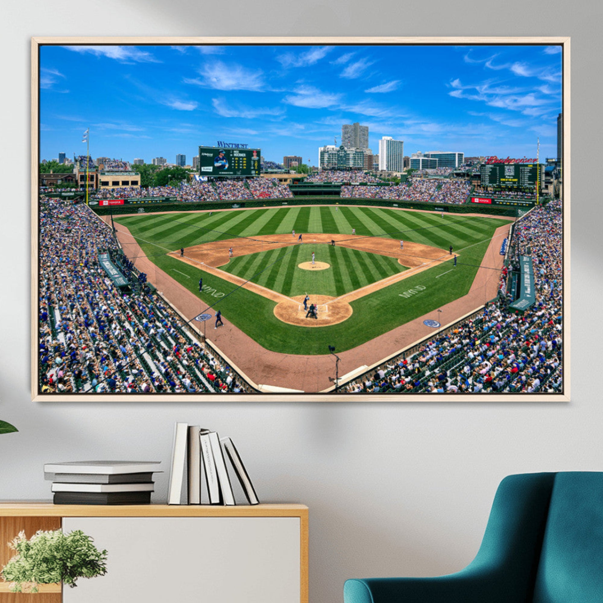 26064-MGV-CV-36X24-Wrigley Field Chicago Cubs Wall Art Canvas Print Framed Panoramic Multi-Piece Iconic Baseball Stadium Artwork for Home, Office