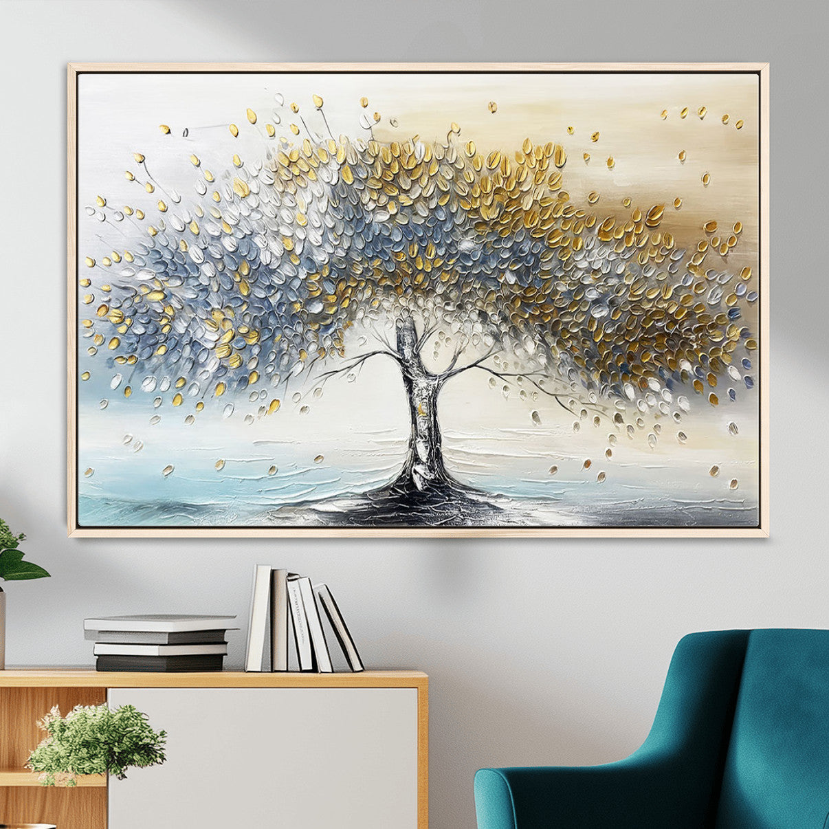 MGV-FC-36X24 - Golden & Silver Tree of Life Wall Art – Canvas Print with Whimsical Leaves Elegant Nature Design, Decorative Home, Office or Guest Room Decor