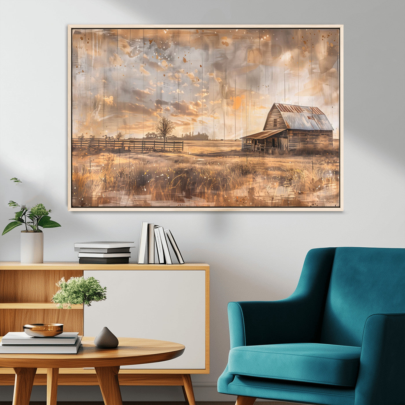 FARM2-MGV-CV-36X24-Rustic Farmhouse Wall Art Canvas Print | Barn and Field Canvas Print | Vintage Country Landscape