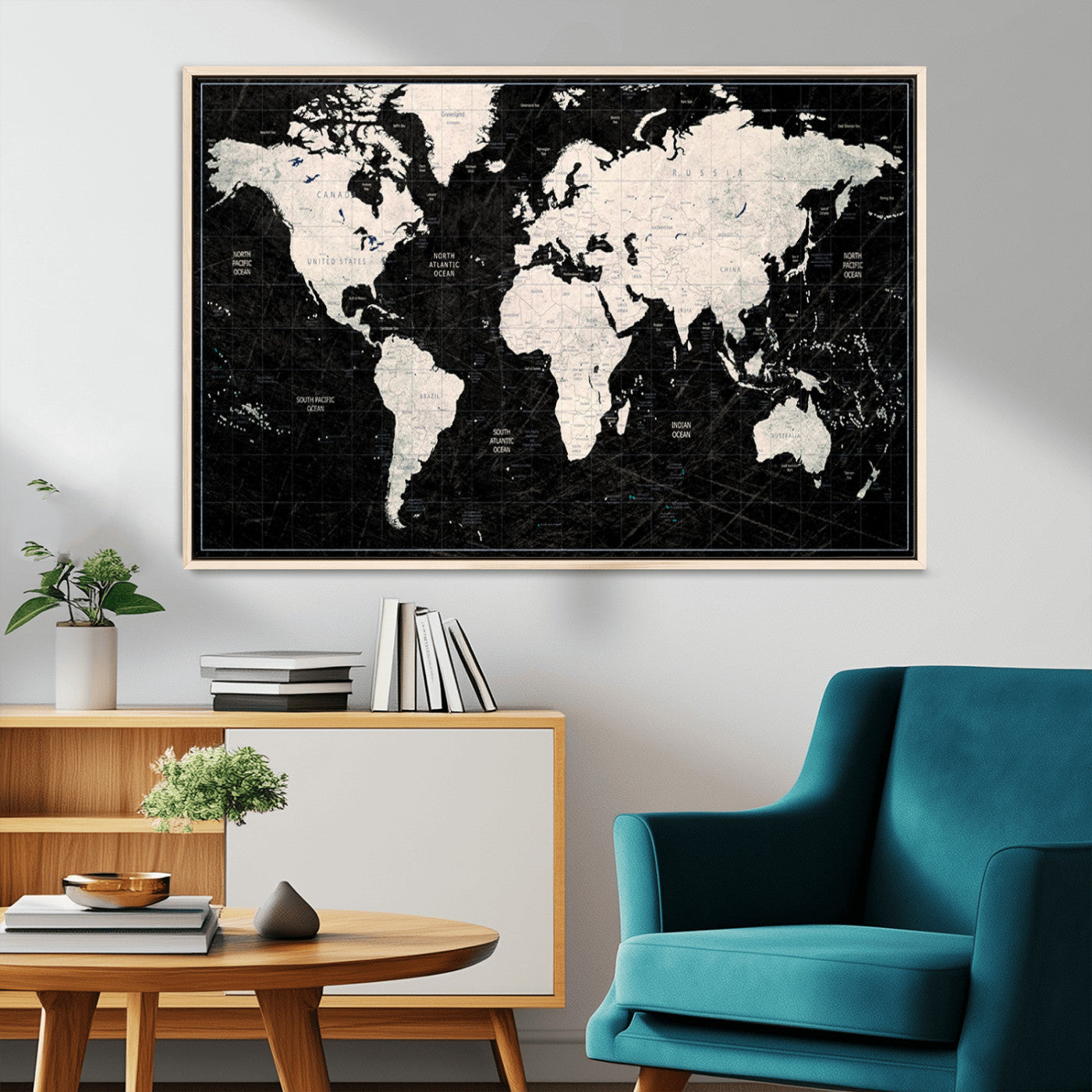 N50Black-MGV-CV-36X24-Push Pin World Map Canvas Print – Framed Travel Tracker Wall Art for Couples, Anniversary Gift and Elegant Home Decor