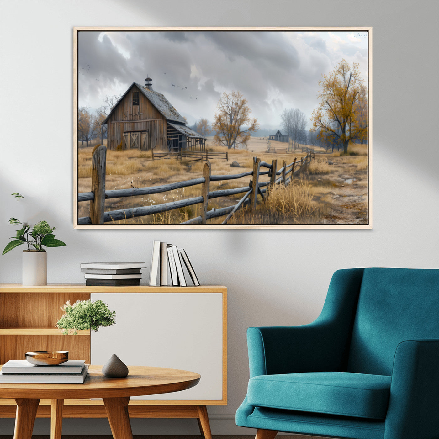 Farm1-MGV-CV-36X24-Rustic Autumn Farmhouse Wall Art Canvas Print – Serene Countryside Scene with Weathered Barn and