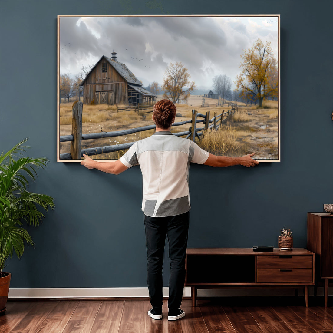 Rustic Autumn Farmhouse Wall Art Canvas Print | Serene Countryside with Weathered Barn