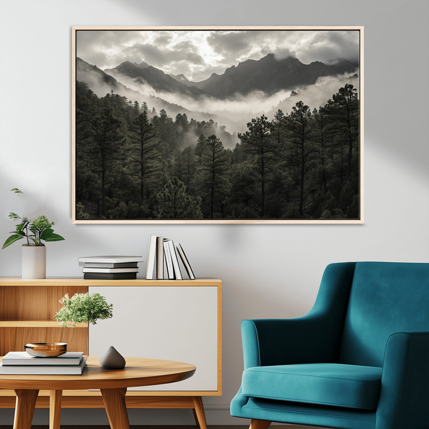 96173787-MGV-CV-36X24-Moody Forest Wall Art – Framed Mountain Fog Canvas Artwork, Misty Woodland Design, Tranquil Nature Decor for Home, Office