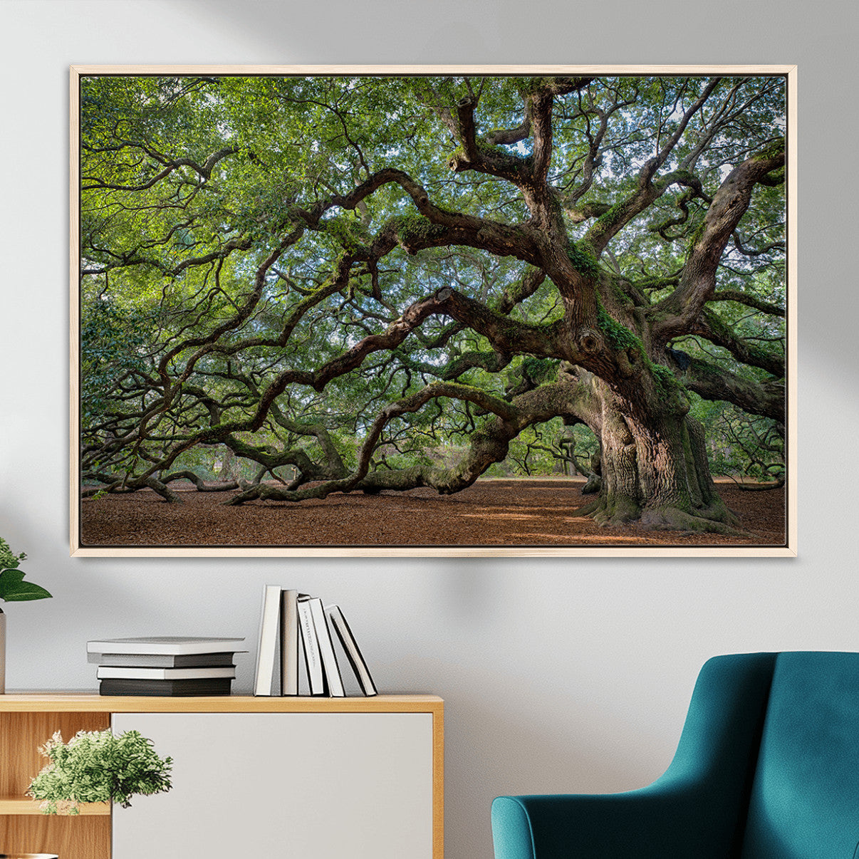 94886260-MGV-CV-36X24-Historic Tree Wall Art – Framed Mossy Branch Canvas Artwork, Twisted Woodland Design, Rustic Nature Decor for Home, Office