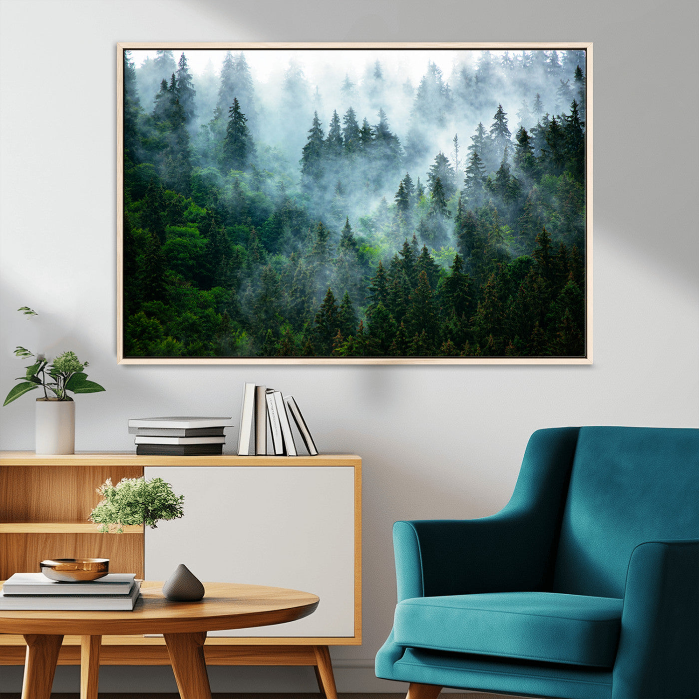 17393683-MGV-CV-36X24-Misty Forest Wall Art Canvas Print – Framed Foggy Mountain Scene with Serene Nature Artwork for Home, Office, Living Room