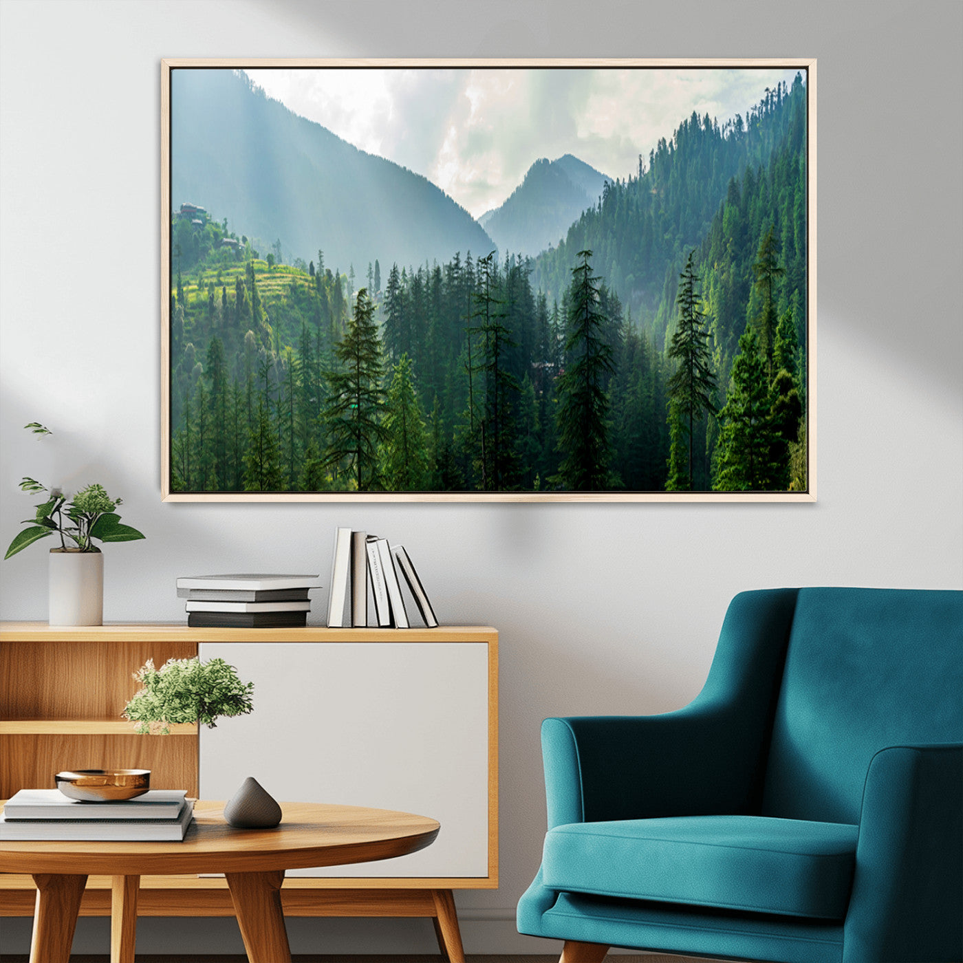 83417191-MGV-CV-36X24-Misty Forest Mountain Wall Art Canvas Print – Framed Serene Nature Scene with Tranquil Valley Artwork for Home, Office