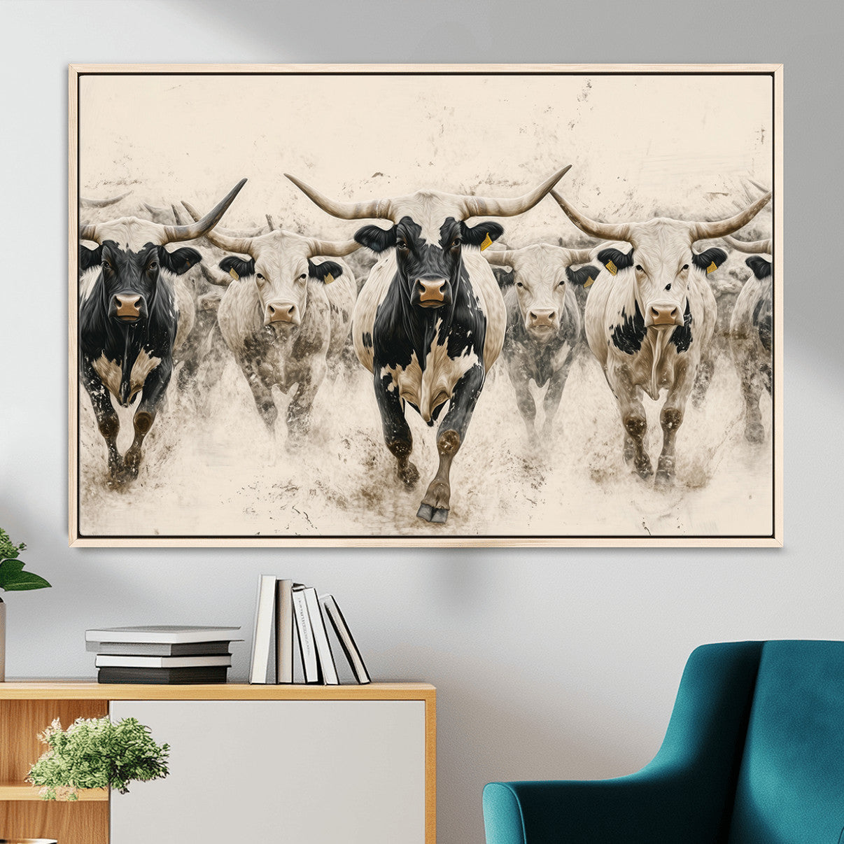 MGV-FC-36X24 - Cream Dust Longhorn Wall Art – Canvas Print of Western Herd Stampede, Dynamic Charge, Rustic Prairie Motion, Bold Nature Farm Decor