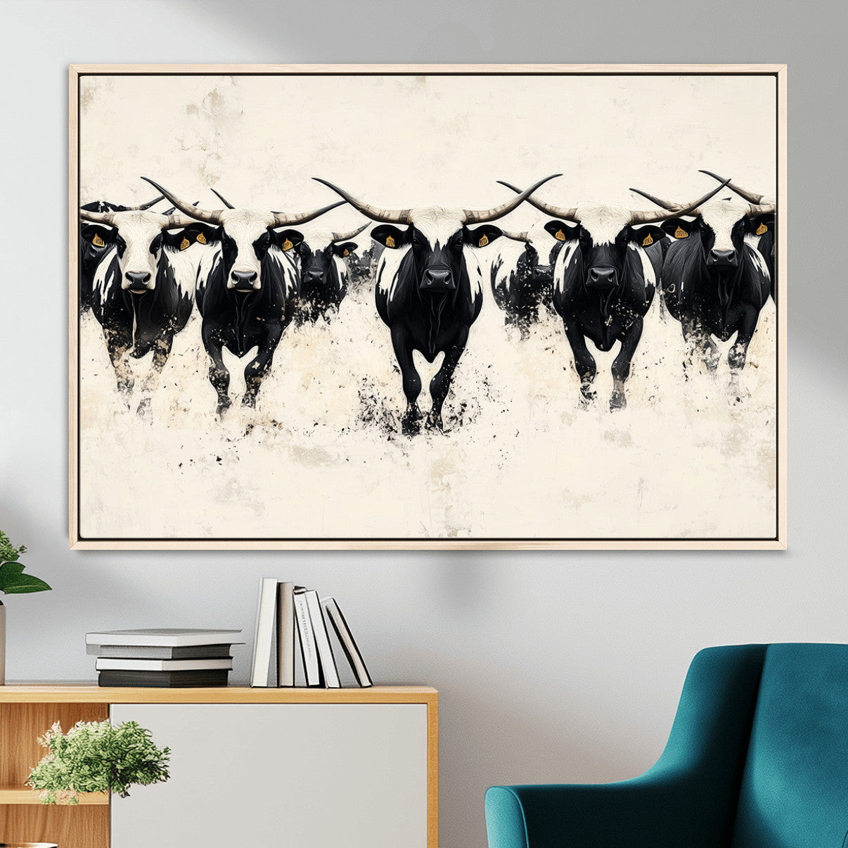 MGV-FC-36X24 - Longhorn Cattle Wall Art – Canvas Print of Herd in Motion, Symmetry and Ink Splatter, Minimalist Western Ranch, Bold Rustic Farm Decor