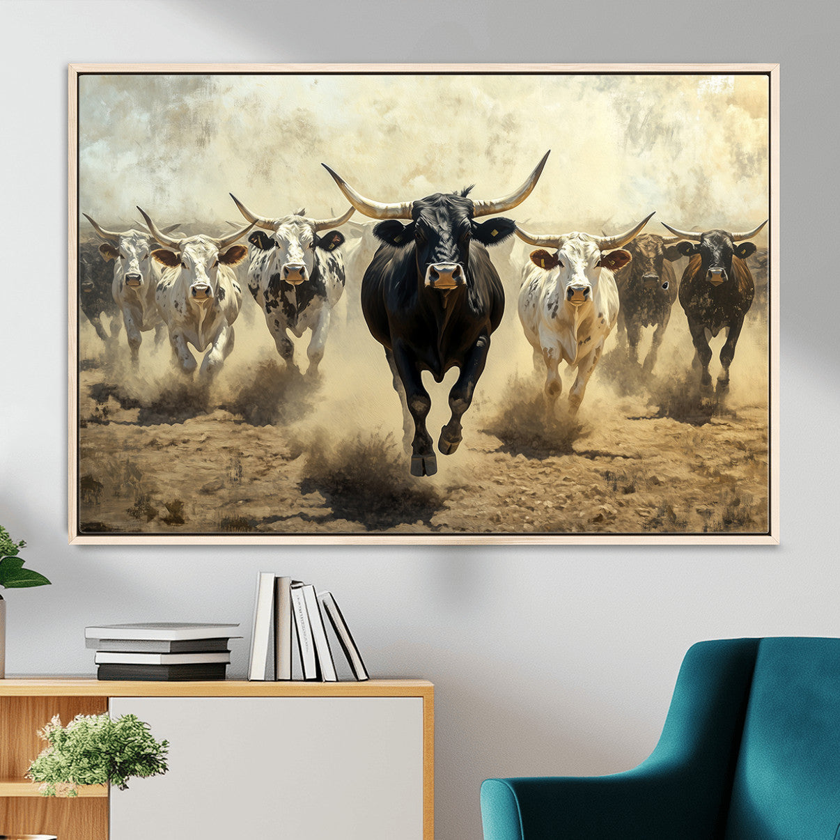 MGV-FC-36X24 - Running Cattle Wall Art – Canvas Print of Western Herd, Dust Stampede, Longhorns, Wild West Ranch, Bold Rustic Farm Decor for Home or Office