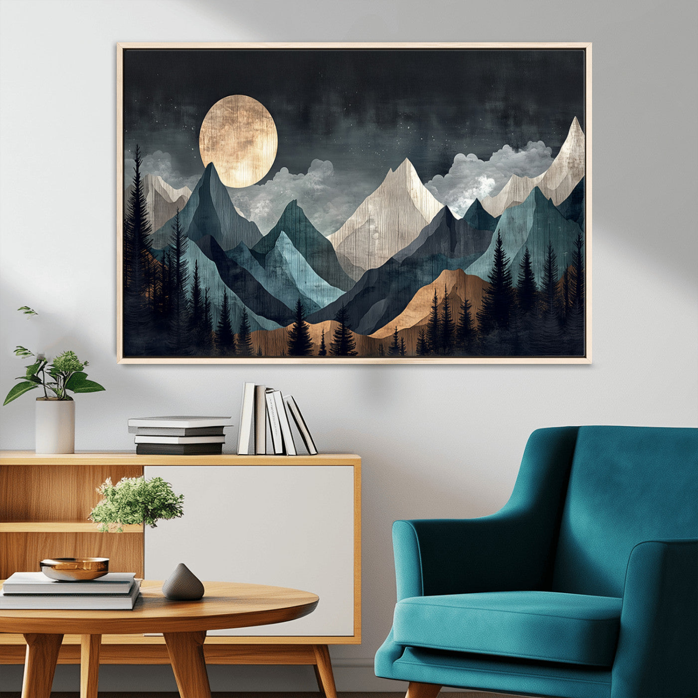 11060882-MGV-CV-36X24-Moonlit Mountain Wall Art Canvas Print – Silhouetted Pines Layered Peaks Tranquil Sky Mist Silver Light Nature Artwork for Home