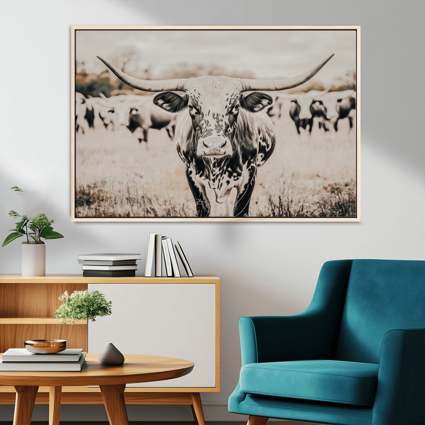 27497342-MGV-CV-36X24-Texas Longhorn Wall Art Canvas Print – Framed Speckled Bull Horned Cattle Rustic Western Artwork for Home Office