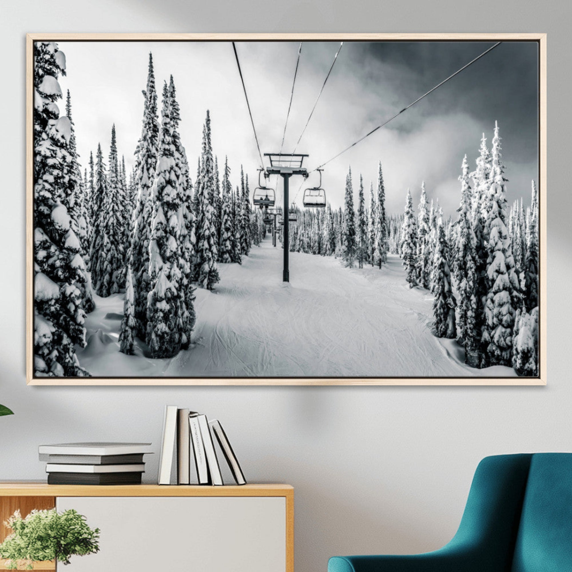 31156828-MGV-CV-36X24-Snowy Pines Wall Art Canvas Print – Framed Ski Lift Winter Forest Snowy Landscape Moody Lodge Artwork for Home, Office