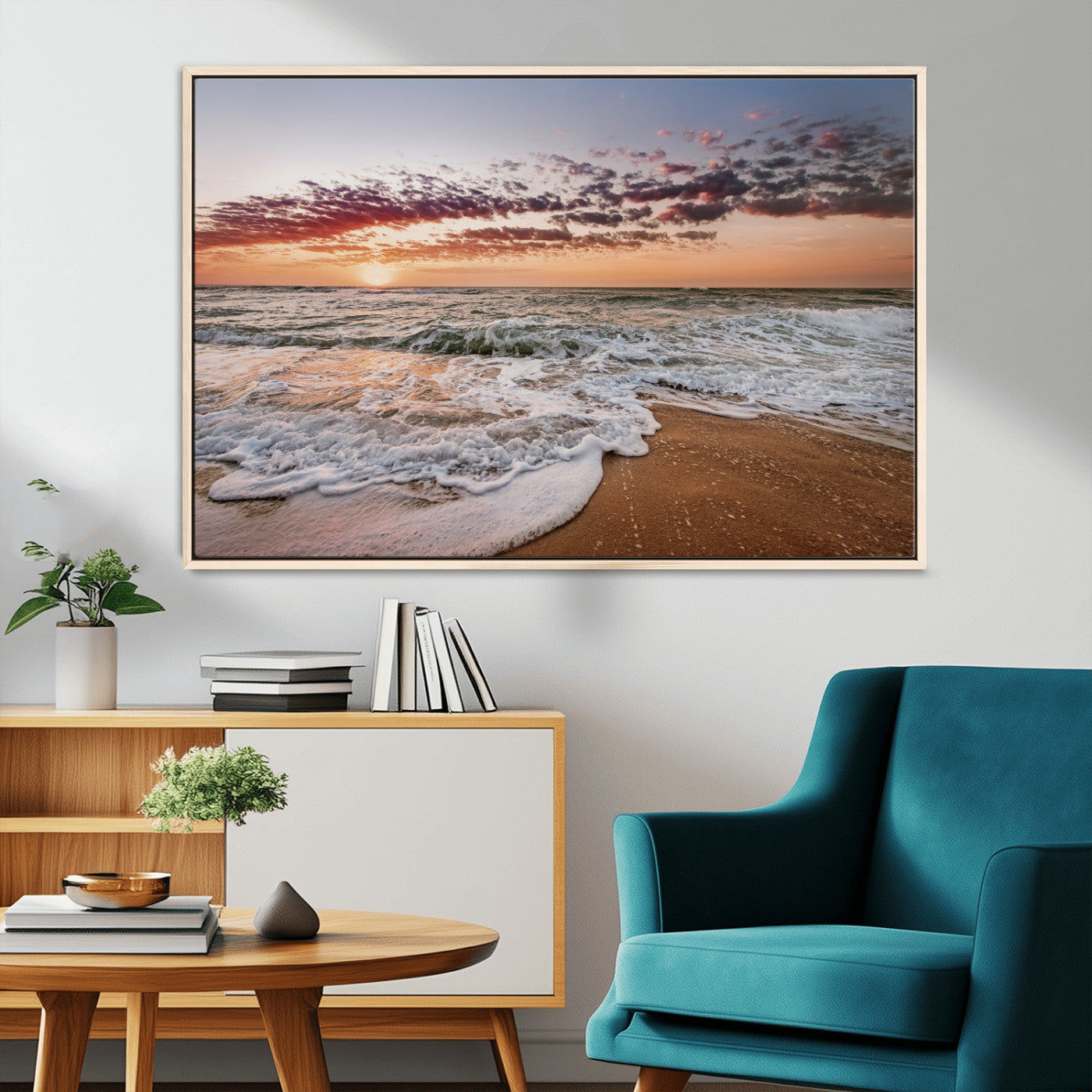 39846389-MGV-CV-36X24-Ocean Sunset Wall Art Canvas Print – Framed Sandy Shore Gentle Waves Coastal Landscape Minimalist Artwork for Home, Office