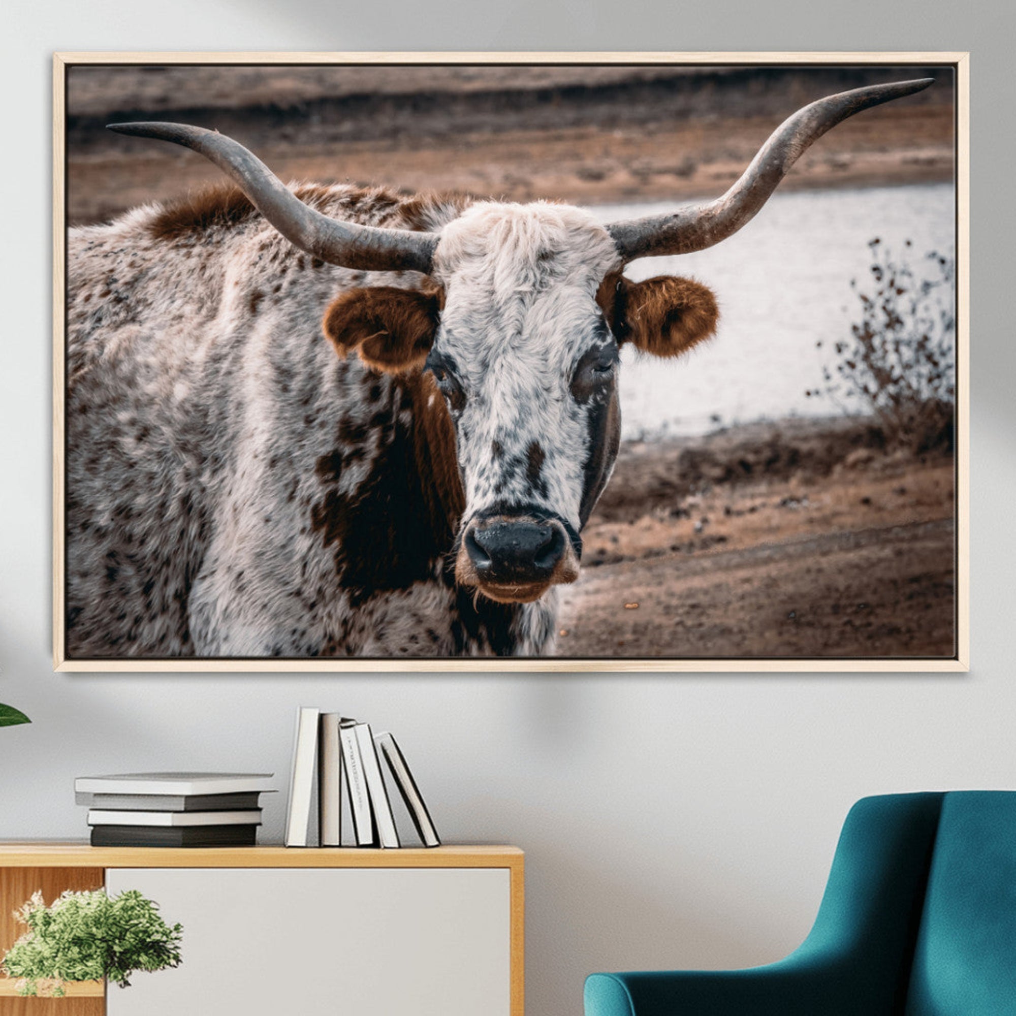 58386760-MGV-CV-36X24-Texas Longhorn Wall Art Canvas Print – Framed Spotted Bull Horned Cattle Rustic Western Decor Artwork for Home, Office
