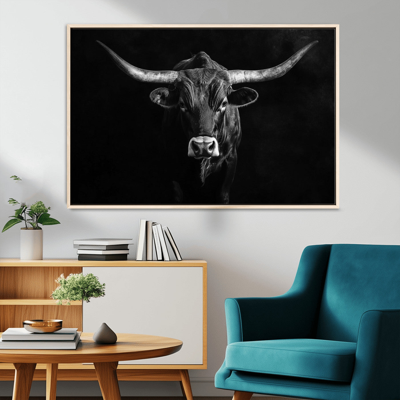 42077175-MGV-CV-36X24-Texas Longhorn Wall Art Canvas Print – Framed Monochrome Horned Bull Rustic Western Cattle Artwork for Home, Office