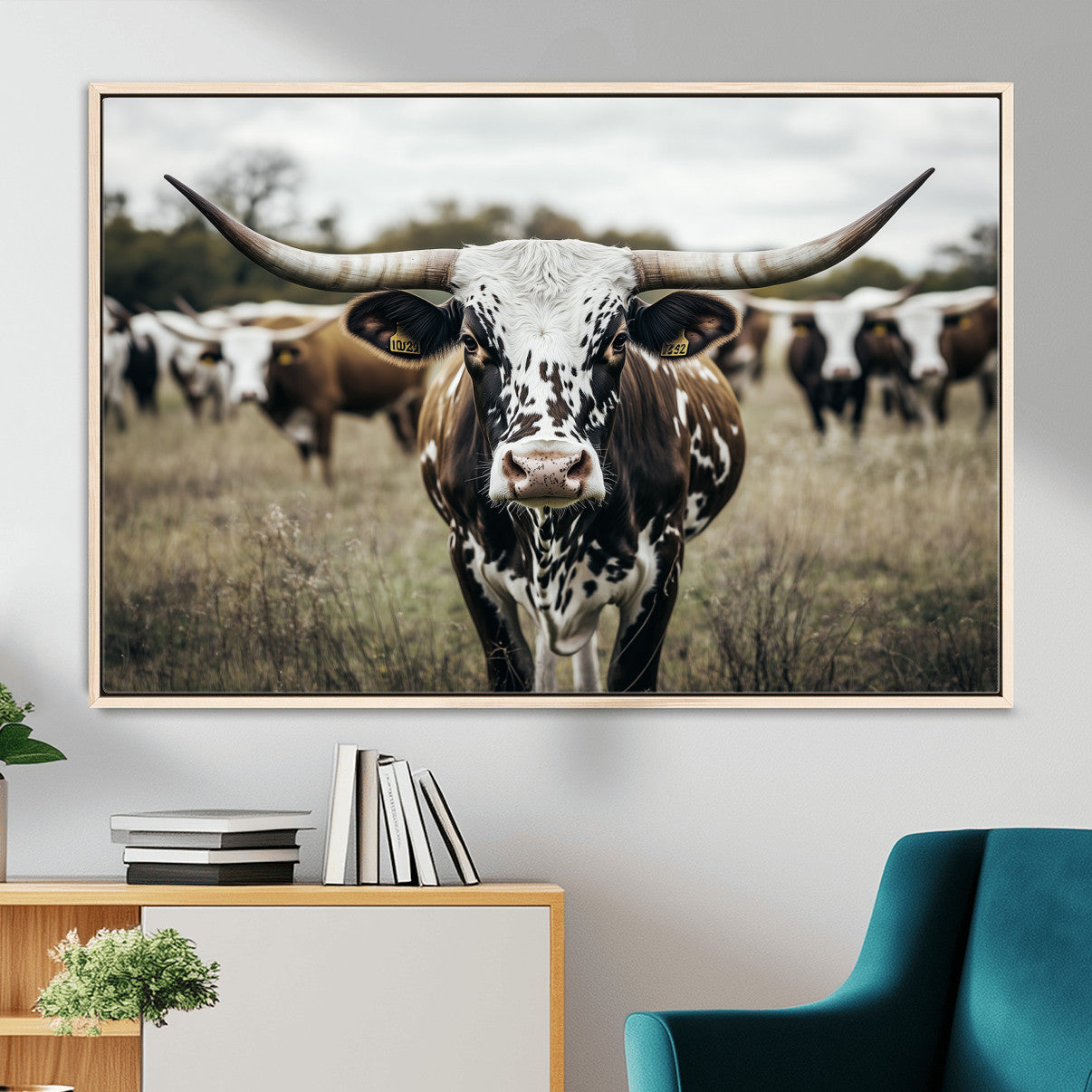 MGV-FC-36X24 - Majestic Longhorn Cow Wall Art – Canvas Print of Intricate Fur & Sharp Horns Earthy Tones Serene Landscape, Rustic Charm Decor for Living Room, Office or Bedroom