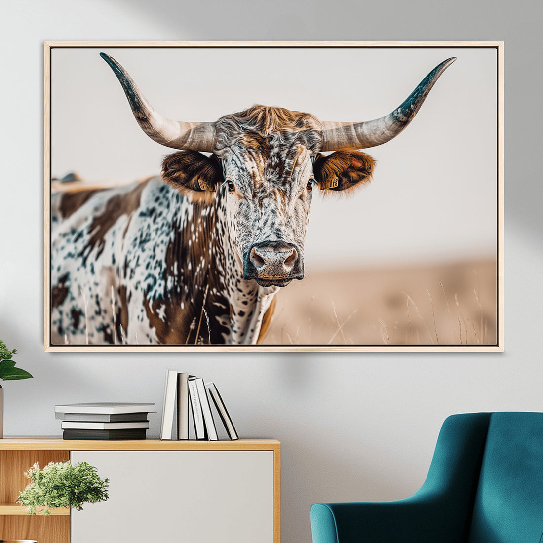 Texas Longhorn Wall Art | Framed Speckled Cow Canvas