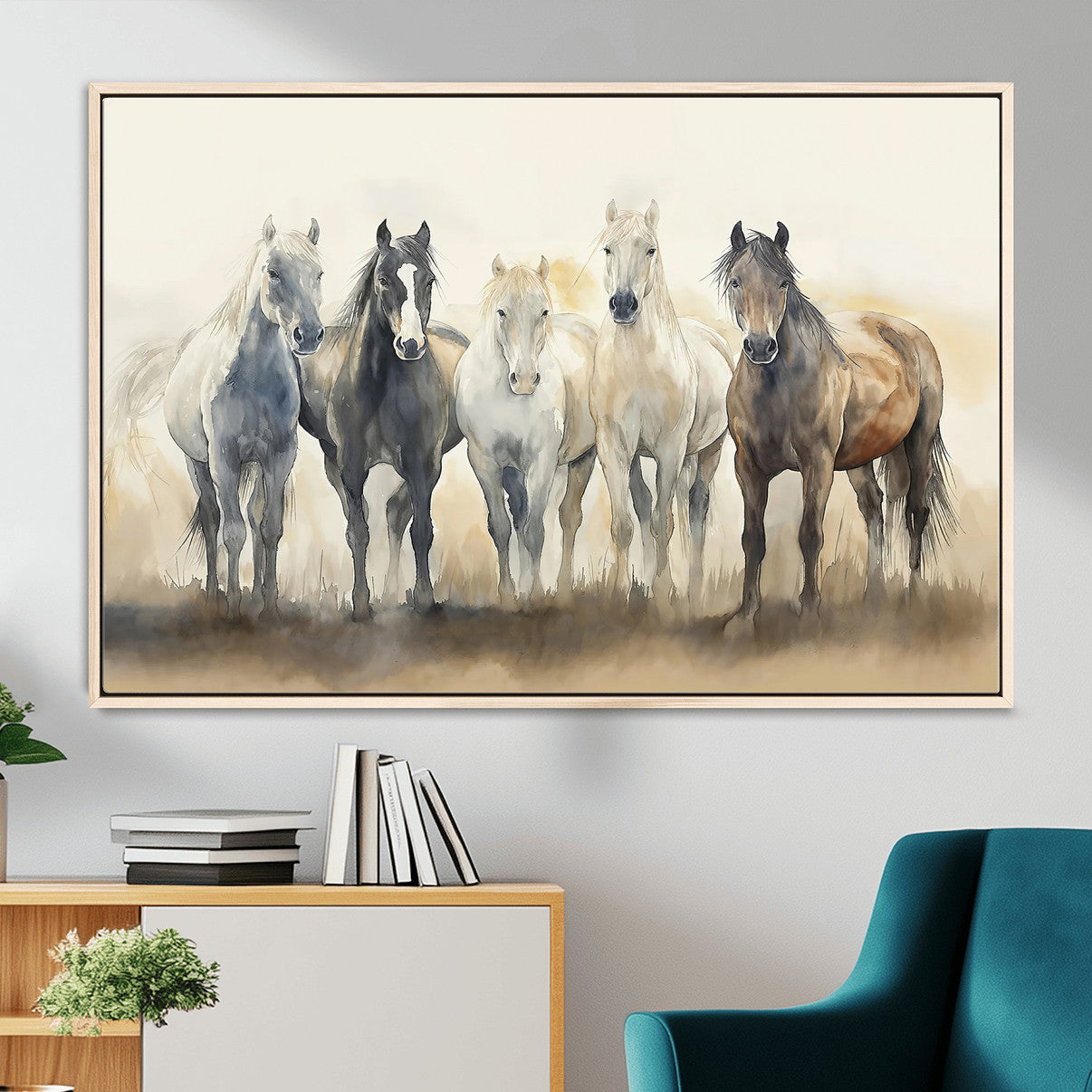 MGV-FC-36X24 - Wild Horses Wall Art Canvas Print, Framed Running Horses Art Picture Print, Watercolor Horses Perfect Rustic Western Decor Artwork