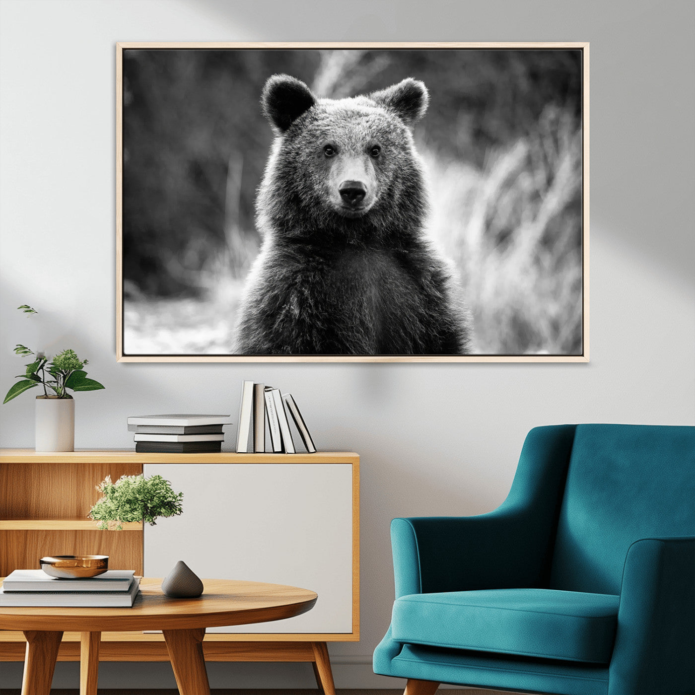 -Grizzly Bear Wall Art Canvas Print, Framed Black White Bear Art Picture Print, Wild Bear Perfect Rustic Wildlife Decor Artwork