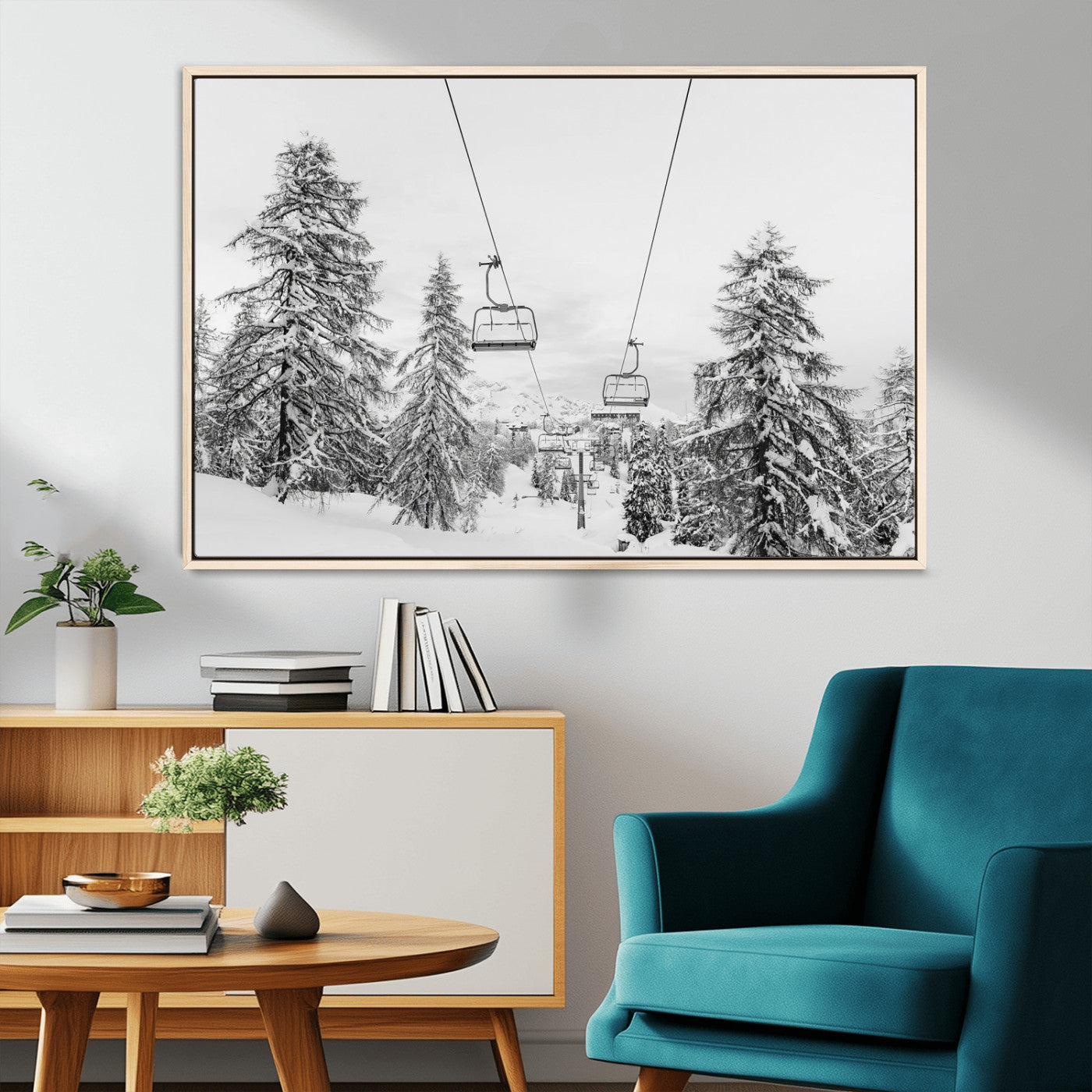 55003599-MGV-CV-36X24-Ski Lift Wall Art – Framed Snowy Mountain Canvas Artwork, Winter Forest Design, Minimal Nature Decor for Home, Office